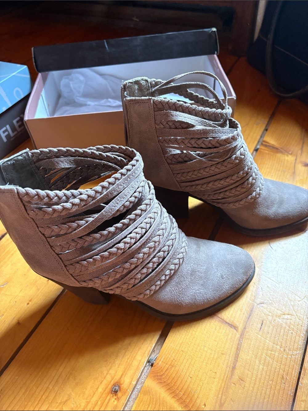 Fergie Taupe Braided-Strap Ankle Booties EUC